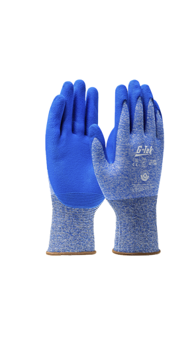 Gants de protection bleus en tricot.