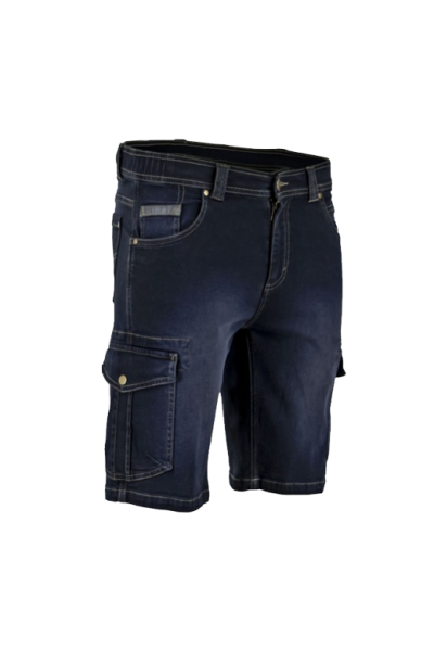 Short cargo en jean bleu foncé.