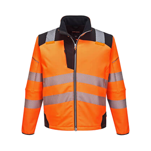 Veste orange haute visibilité avec bandes réfléchissantes.