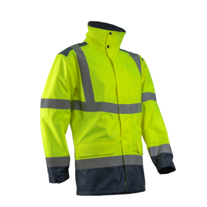 Veste jaune haute visibilité avec bandes réfléchissantes.