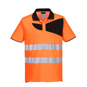 Polo de sécurité orange avec bandes réfléchissantes.