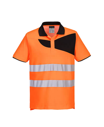 Polo de sécurité orange avec bandes réfléchissantes.