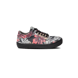 Chaussure floral noire et rouge, semelle noire.